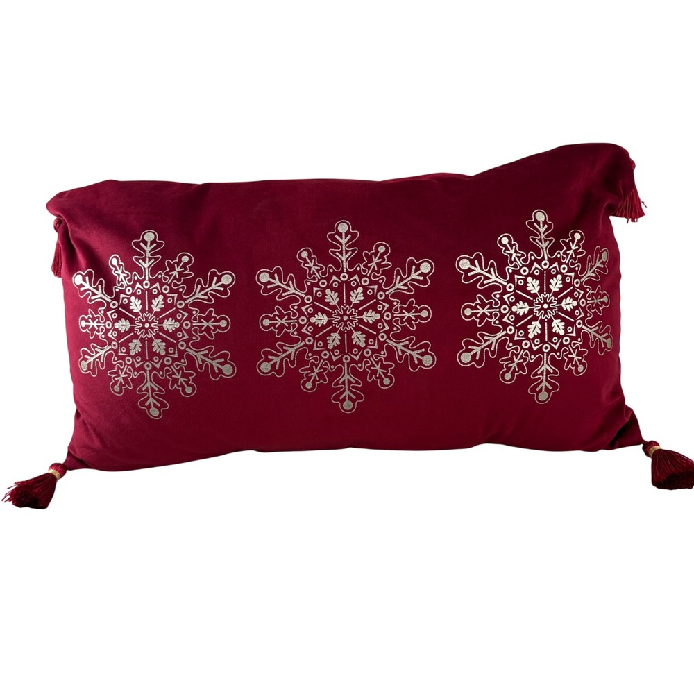 Burgundy Red Velvet Snowflake Lumbar Pillow Silver Metal Tassels 20x12 Holiday